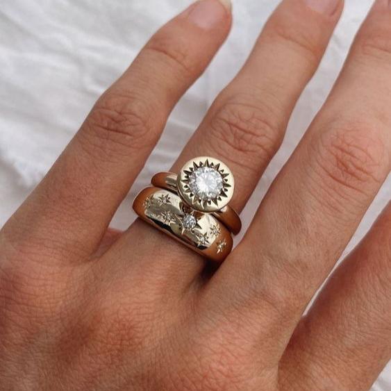 Set of Vintage-Inspired Forged Crystal Gold Rings