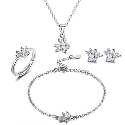 Rose Gold Paw Jewelry Set 4 Pieces with Zirconia Heart