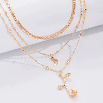 Gold Rose and Moon Pendant Necklace