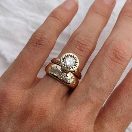 Set of Vintage-Inspired Forged Crystal Gold Rings